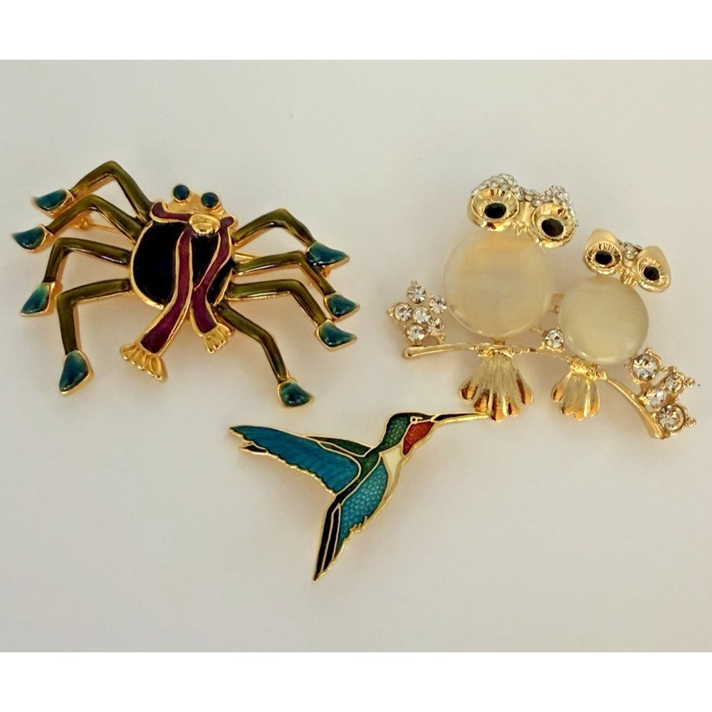 Vintage Brooch Lot Owl Hummingbird Speer Spider TC Enamel Rhinestone Gold